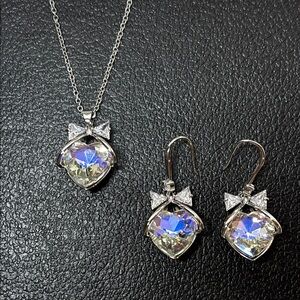 Silver Heart Necklace and Earrings with Iridescent Gemstone